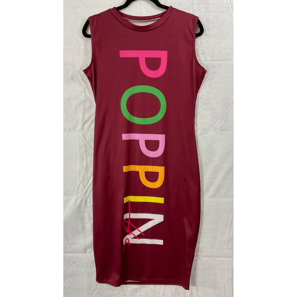 Bodycon Midi Dress Womens XL Burgundy Poppin Graphic Sleeveless‎ Sheath